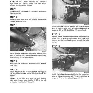 May include: Diagram of front drive shaft installation steps. Includes images of components, torque specifications in pound-feet, and instructions for applying antiseize compound and tightening bolts and screws.