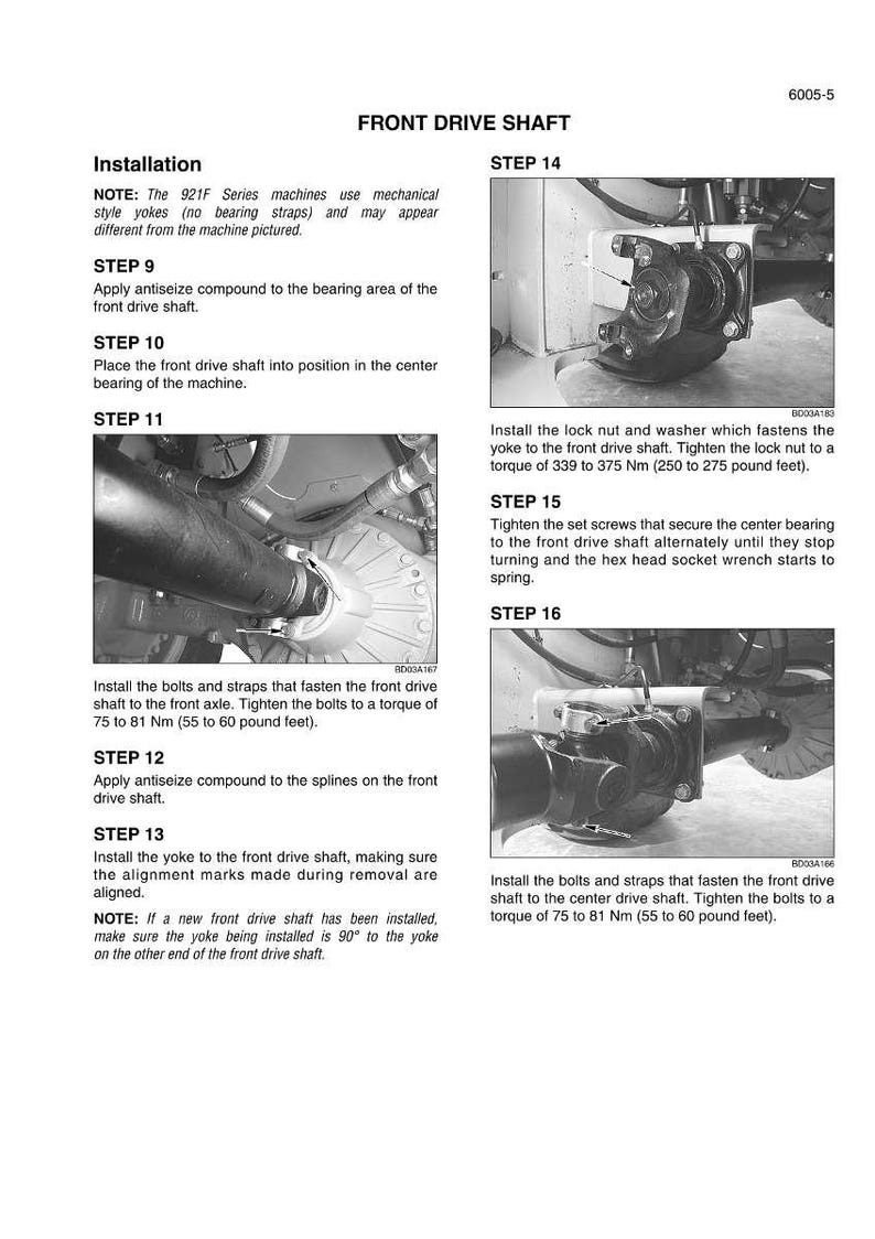 May include: Diagram of front drive shaft installation steps. Includes images of components, torque specifications in pound-feet, and instructions for applying antiseize compound and tightening bolts and screws.