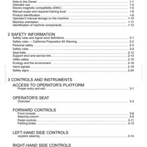 May include: A detailed table of contents from a manual, with sections on general and safety information, controls, and instruments. The text includes topics like safety rules, operator's seat, and forward controls.