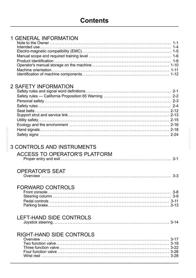 May include: A detailed table of contents from a manual, with sections on general and safety information, controls, and instruments. The text includes topics like safety rules, operator's seat, and forward controls.