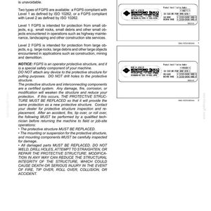 May include: A page from a manual detailing the Front Guard Protective System (FGPS). The text describes the system's purpose, types, and safety instructions. Includes diagrams and product identification labels.