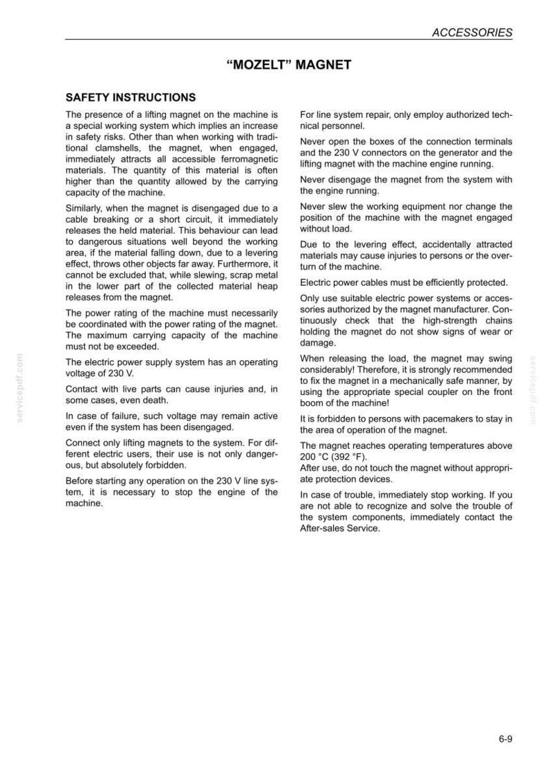 May include: A page from an equipment manual with the title "MOZELT MAGNET" and the word "ACCESSORIES" at the top. The page contains safety instructions and warnings about the use of the magnet, including operating temperatures and electrical safety.