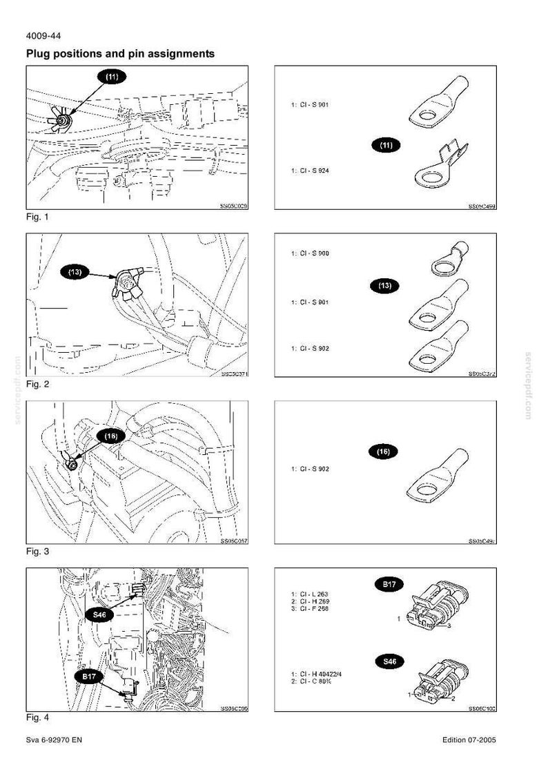 May include: A technical diagram titled 4009-44 Plug positions and pin assignments, featuring black and white line drawings of electrical components, ring terminals, and multi-pin connectors labeled with reference numbers 11, 13, 16, B17, and S46.