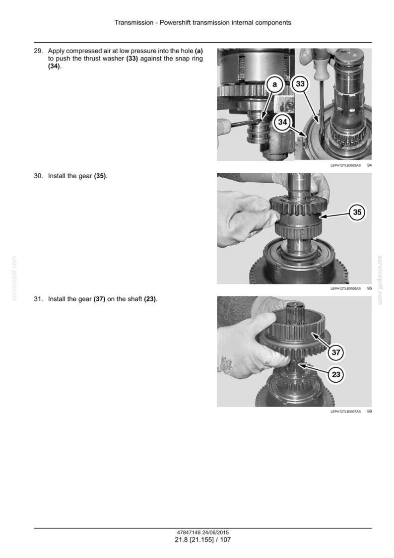 May include: Diagram of Powershift transmission internal components. Instructions show the installation of gears and washers. The image includes close-ups of the parts and arrows pointing to specific components.