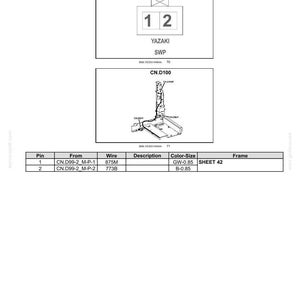 Op de afbeelding: Technisch diagram van een CN.D100 elektrische connector voor een linkerlamp, met de tekst "YAZAKI" en "SWP". Een tabel geeft details over pinnen, draden en kleur-grootte. De afbeelding is een technische illustratie.