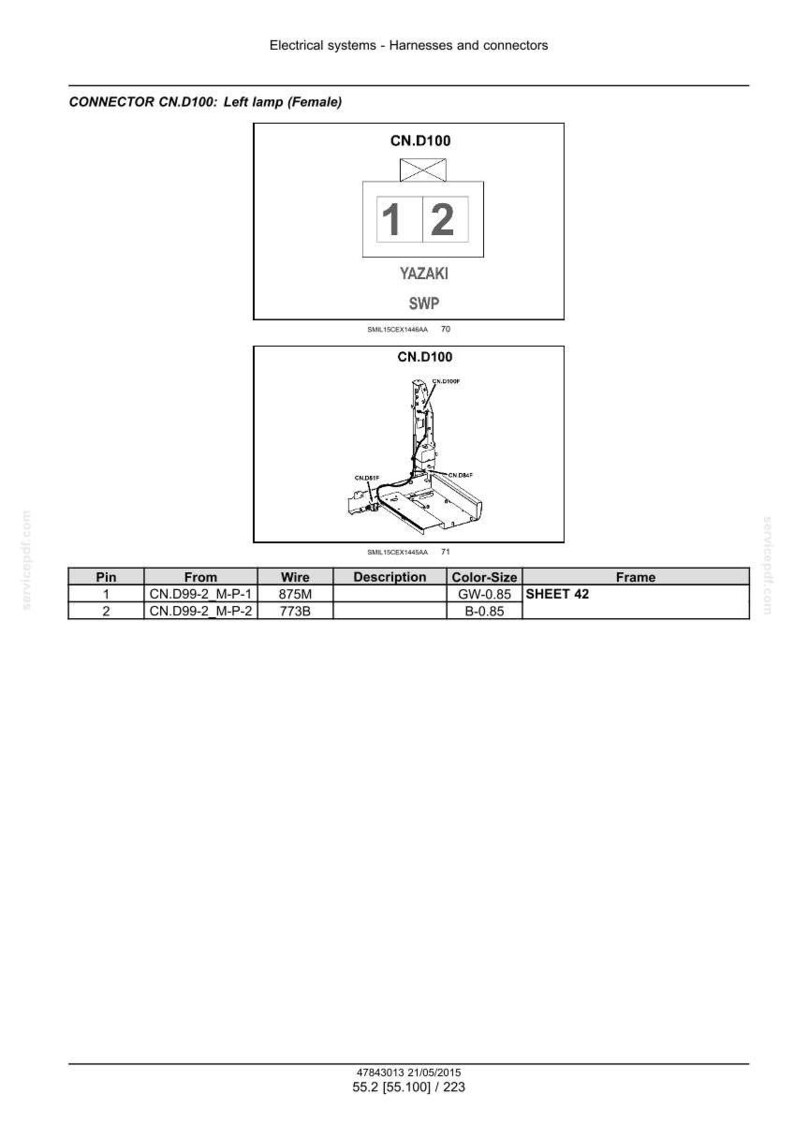 Op de afbeelding: Technisch diagram van een CN.D100 elektrische connector voor een linkerlamp, met de tekst "YAZAKI" en "SWP". Een tabel geeft details over pinnen, draden en kleur-grootte. De afbeelding is een technische illustratie.