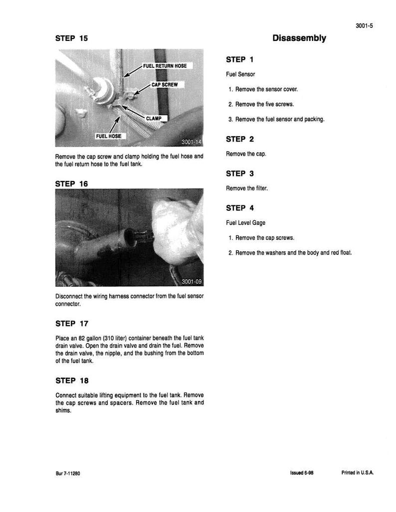 May include: A black and white diagram illustrating the disassembly of a fuel system. The image includes close-up photos of fuel lines, screws, and a fuel sensor, with accompanying text instructions. The document is printed in the USA.
