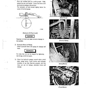 May include: A technical manual page titled 12.4 HYDRAULIC SYSTEM, featuring instructions for checking hydraulic oil levels, hoses, and piping. It includes a diagram of an excavator and four black-and-white photographs labeled Main Pump, Control Valves, Swing Motor, and Travel Motor.