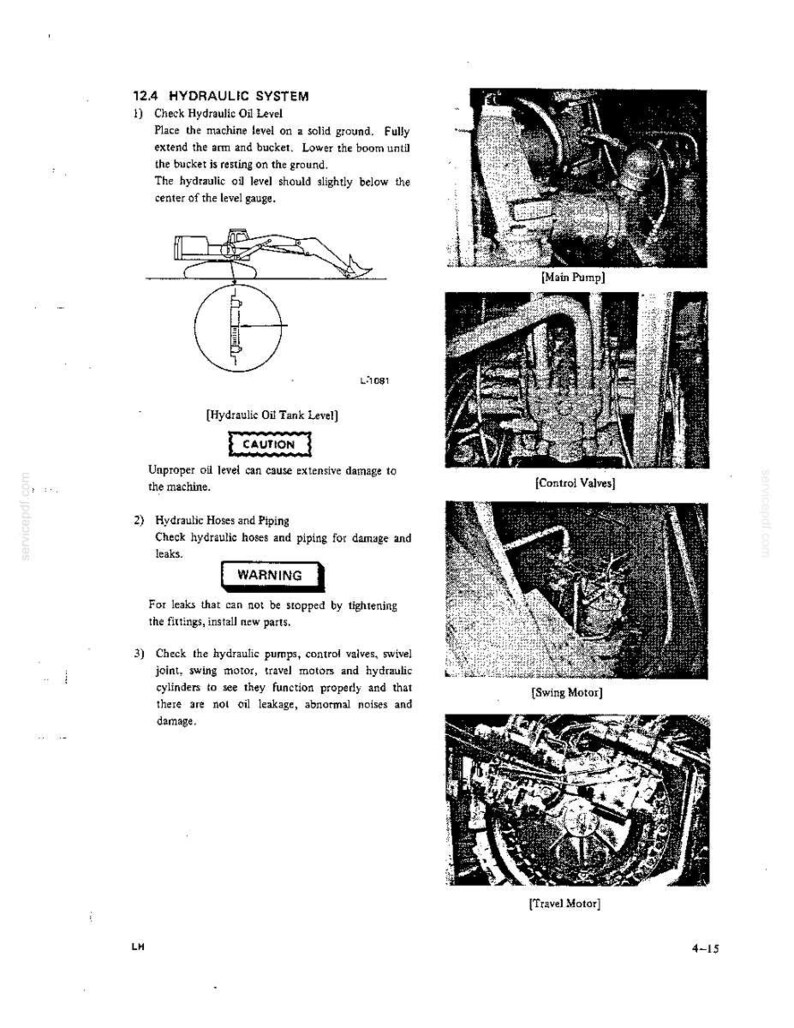 May include: A technical manual page titled 12.4 HYDRAULIC SYSTEM, featuring instructions for checking hydraulic oil levels, hoses, and piping. It includes a diagram of an excavator and four black-and-white photographs labeled Main Pump, Control Valves, Swing Motor, and Travel Motor.