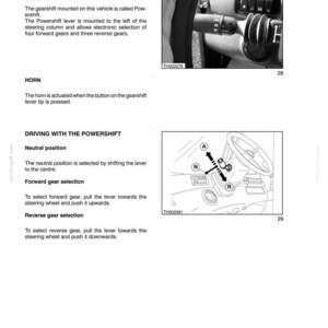 May include: Page from a manual with text and diagrams related to a vehicle's electrical system. The page includes diagrams of a gearshift lever and steering wheel, along with text describing gear selection and horn operation.