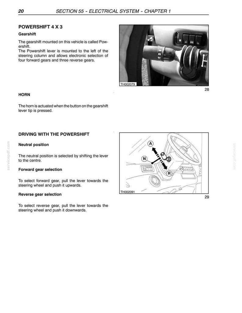 May include: Page from a manual with text and diagrams related to a vehicle's electrical system. The page includes diagrams of a gearshift lever and steering wheel, along with text describing gear selection and horn operation.