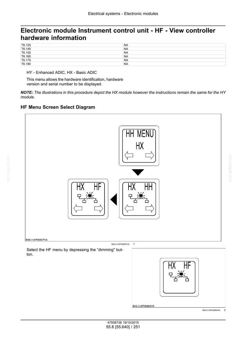 May include: Diagram of an electronic module instrument control unit. The diagram shows the HF Menu Screen Select Diagram with labeled boxes and arrows. Text includes "HF Menu" and "HX".