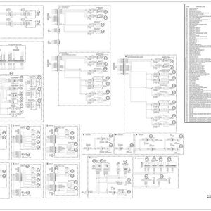 May include: A detailed electrical schematic for a CX350C/CX370C excavator. The diagram is in black and white, featuring numerous interconnected components, symbols, and text labels. The schematic includes a legend and a list of descriptive terms.