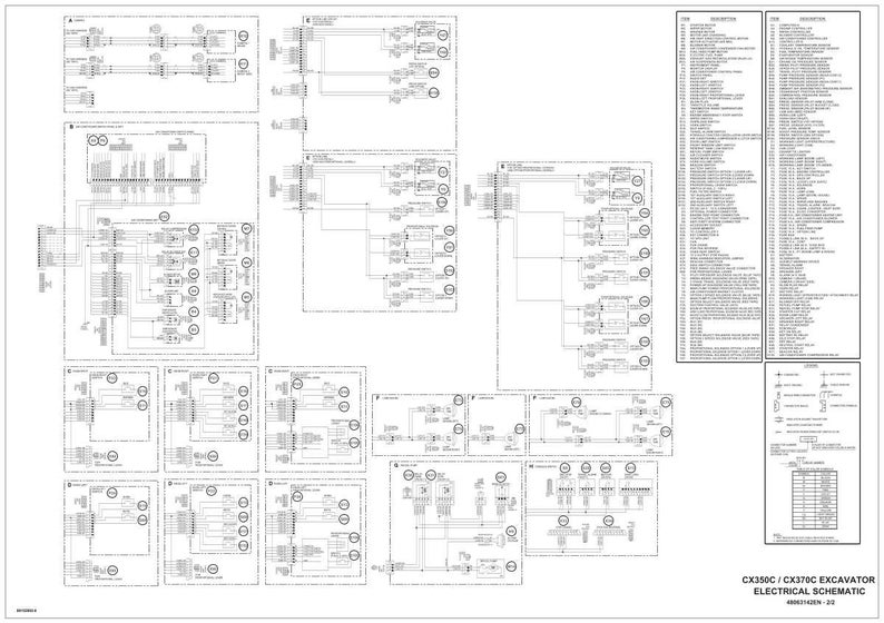 May include: A detailed electrical schematic for a CX350C/CX370C excavator. The diagram is in black and white, featuring numerous interconnected components, symbols, and text labels. The schematic includes a legend and a list of descriptive terms.