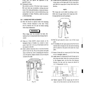 May include: A technical service manual page detailing disc brake lining pad replacement. The document includes numbered instructions, warnings, and two black-and-white line drawings labeled Fig. 3-2 and Fig. 3-3, illustrating brake components.