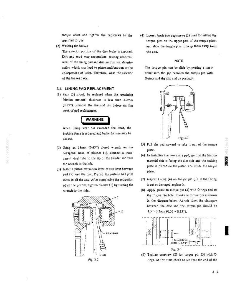 May include: A technical service manual page detailing disc brake lining pad replacement. The document includes numbered instructions, warnings, and two black-and-white line drawings labeled Fig. 3-2 and Fig. 3-3, illustrating brake components.
