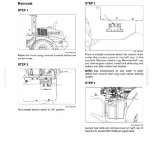 May include: Diagram showing steps for DEF/AdBlue supply tank maintenance on a CASE machine. Instructions include raising the hood, turning off the electric switch, and removing the cover. Text includes "DEF ADBLUE SUPPLY TANK LEVEL AND TEMPERATURE SENSOR PICKUP AND HEATER."