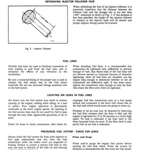 May include: Page from a Detroit Diesel 71 (Vehicle) shop manual. Includes diagrams and text on injector follower face refinishing, fuel lines, and locating air leaks. The diagram shows an injector follower with a 1.645 inch minimum measurement.