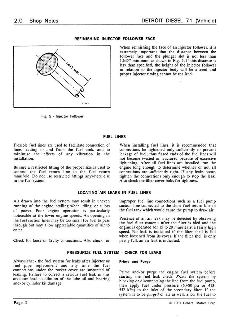 May include: Page from a Detroit Diesel 71 (Vehicle) shop manual. Includes diagrams and text on injector follower face refinishing, fuel lines, and locating air leaks. The diagram shows an injector follower with a 1.645 inch minimum measurement.
