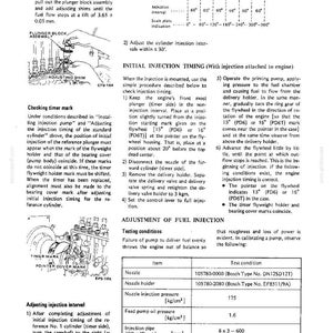 May include: A technical manual page titled Fuel System, featuring black and white line drawings of a plunger block assembly and timer marks. The text provides detailed instructions for adjusting injection timing, intervals, and testing conditions.