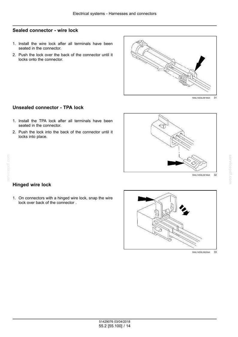 May include: Diagrams showing electrical connector assembly. Includes instructions for sealed connector wire lock, unsealed connector TPA lock, and hinged wire lock. Text includes "Electrical systems - Harnesses and connectors."