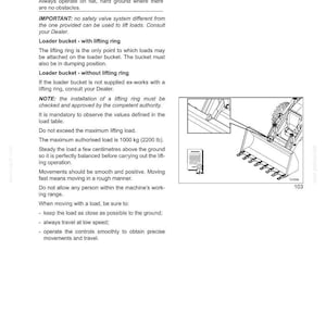 May include: A page from an operating manual detailing instructions for lifting loads with a loader attachment. The text includes warnings, safety information, and operational guidelines for the loader bucket with and without a lifting ring. A diagram of the loader bucket is included.
