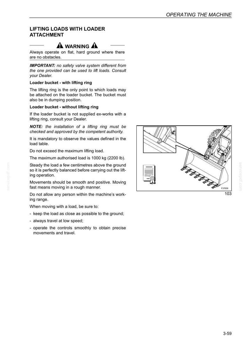 May include: A page from an operating manual detailing instructions for lifting loads with a loader attachment. The text includes warnings, safety information, and operational guidelines for the loader bucket with and without a lifting ring. A diagram of the loader bucket is included.