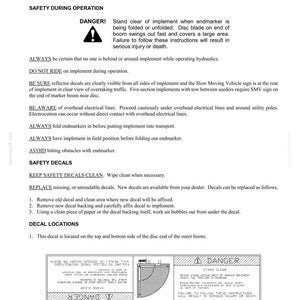 K&ouml;nnte beinhalten: Eine technische Dokumentenseite mit dem Titel Section 8 Endmarker Service, die Sicherheitshinweise f&uuml;r landwirtschaftliche Ger&auml;te enth&auml;lt. Sie umfasst Warntexte zu Scheiben, Hydraulikbetrieb und ein Diagramm eines Warnaufklebers.