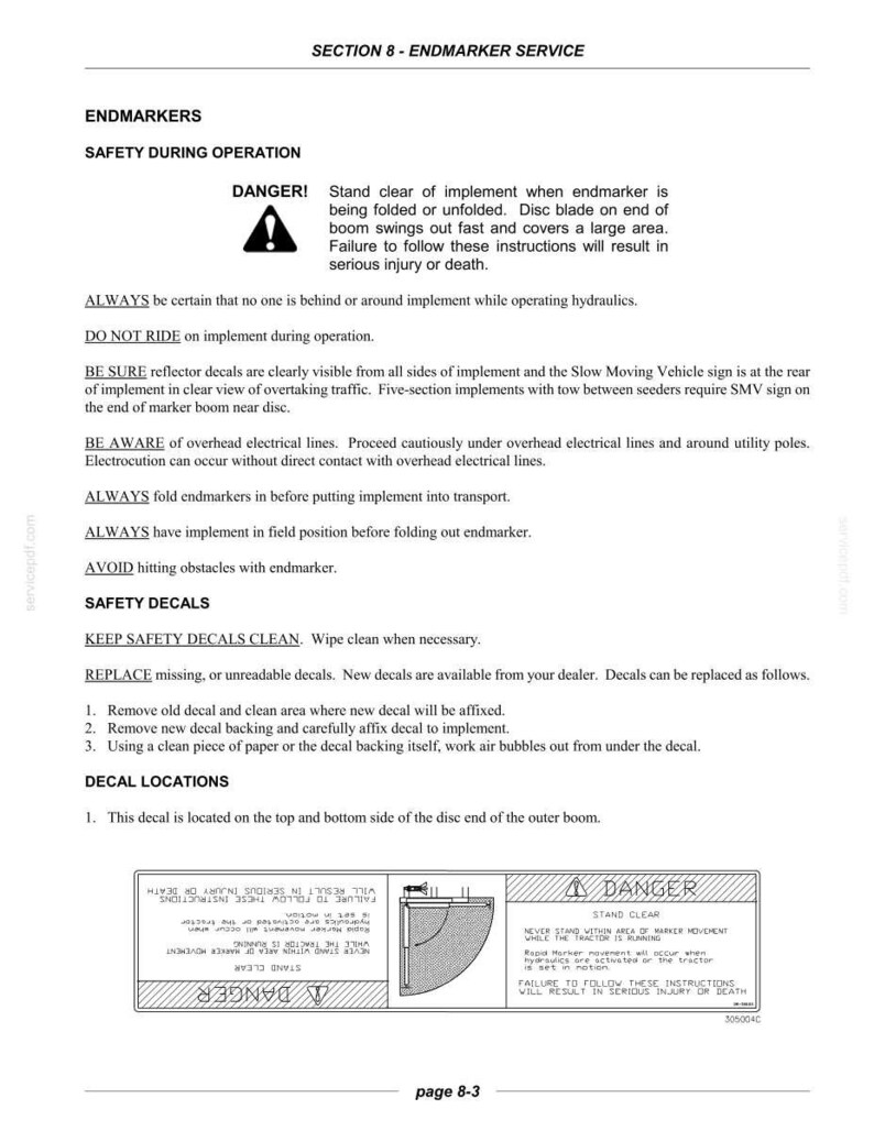 K&ouml;nnte beinhalten: Eine technische Dokumentenseite mit dem Titel Section 8 Endmarker Service, die Sicherheitshinweise f&uuml;r landwirtschaftliche Ger&auml;te enth&auml;lt. Sie umfasst Warntexte zu Scheiben, Hydraulikbetrieb und ein Diagramm eines Warnaufklebers.