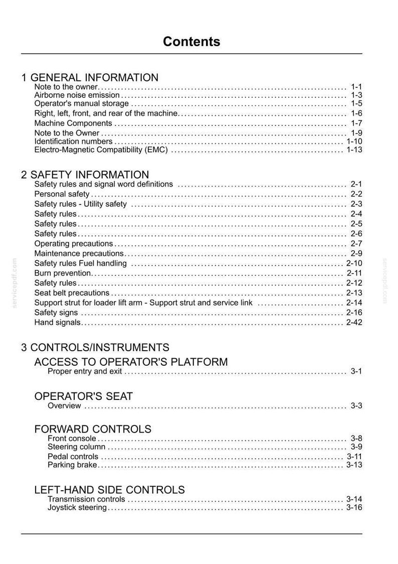 May include: A white document page with the title "Contents" at the top. The document lists sections such as "General Information", "Safety Information", and "Controls/Instruments", with corresponding page numbers.