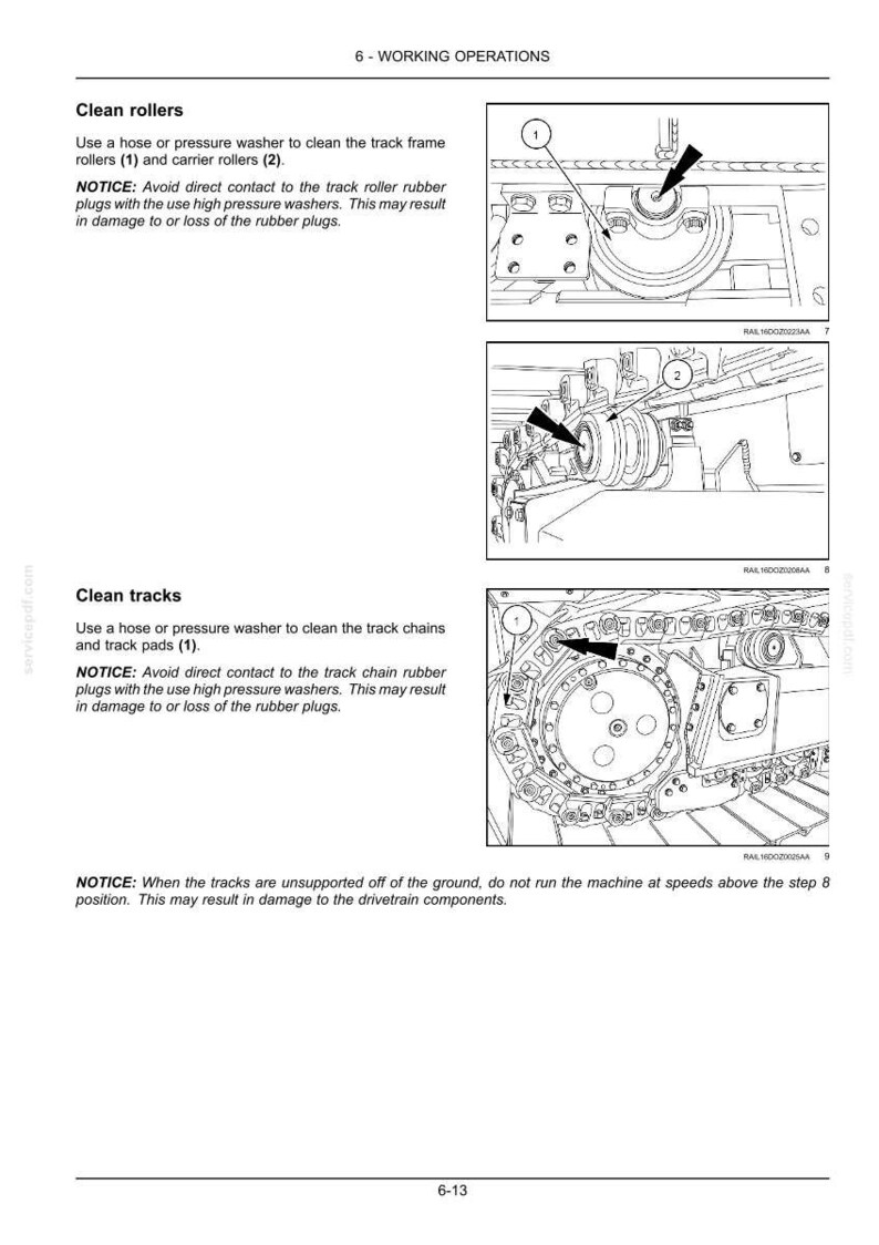 K&ouml;nnte beinhalten: Eine Seite aus einem technischen Handbuch mit dem Titel 6-WORKING OPERATIONS, die schwarz-wei&szlig;e Strichzeichnungen von Baumaschinenkomponenten zeigt. Die Diagramme veranschaulichen Laufrollen, Tragrollen und Gleisketten.