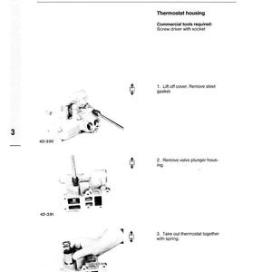 May include: A page from a repair manual with the title "Repair of components." The image shows diagrams of a thermostat housing and the steps to remove and replace parts. Text includes "Werkstatthandbuch B/FL 1011/T" and "Thermostat housing."