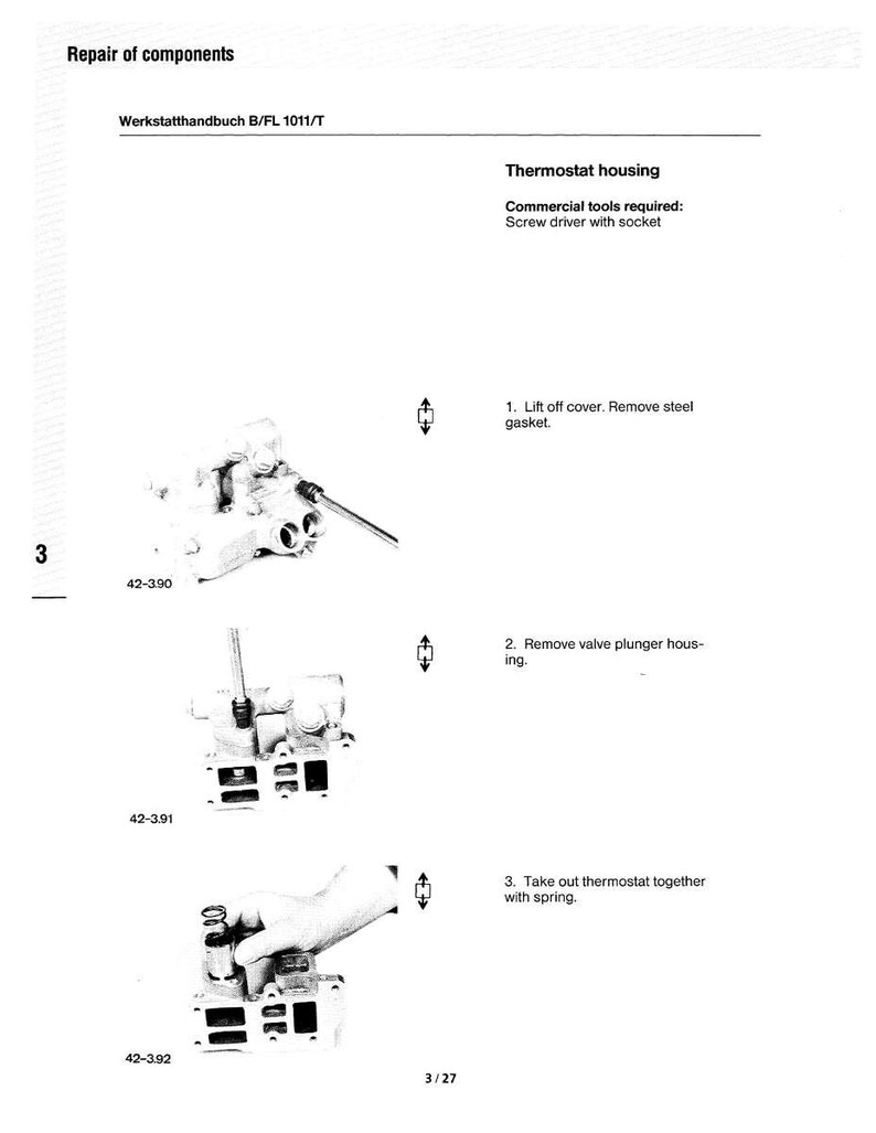 May include: A page from a repair manual with the title "Repair of components." The image shows diagrams of a thermostat housing and the steps to remove and replace parts. Text includes "Werkstatthandbuch B/FL 1011/T" and "Thermostat housing."