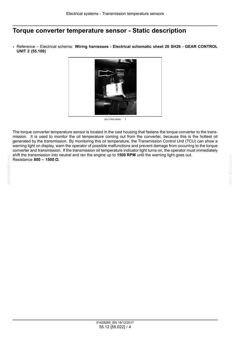 May include: Diagram of a torque converter temperature sensor, part of an electrical system. The image includes a close-up of the sensor and text describing its function, including monitoring oil temperature and preventing damage.