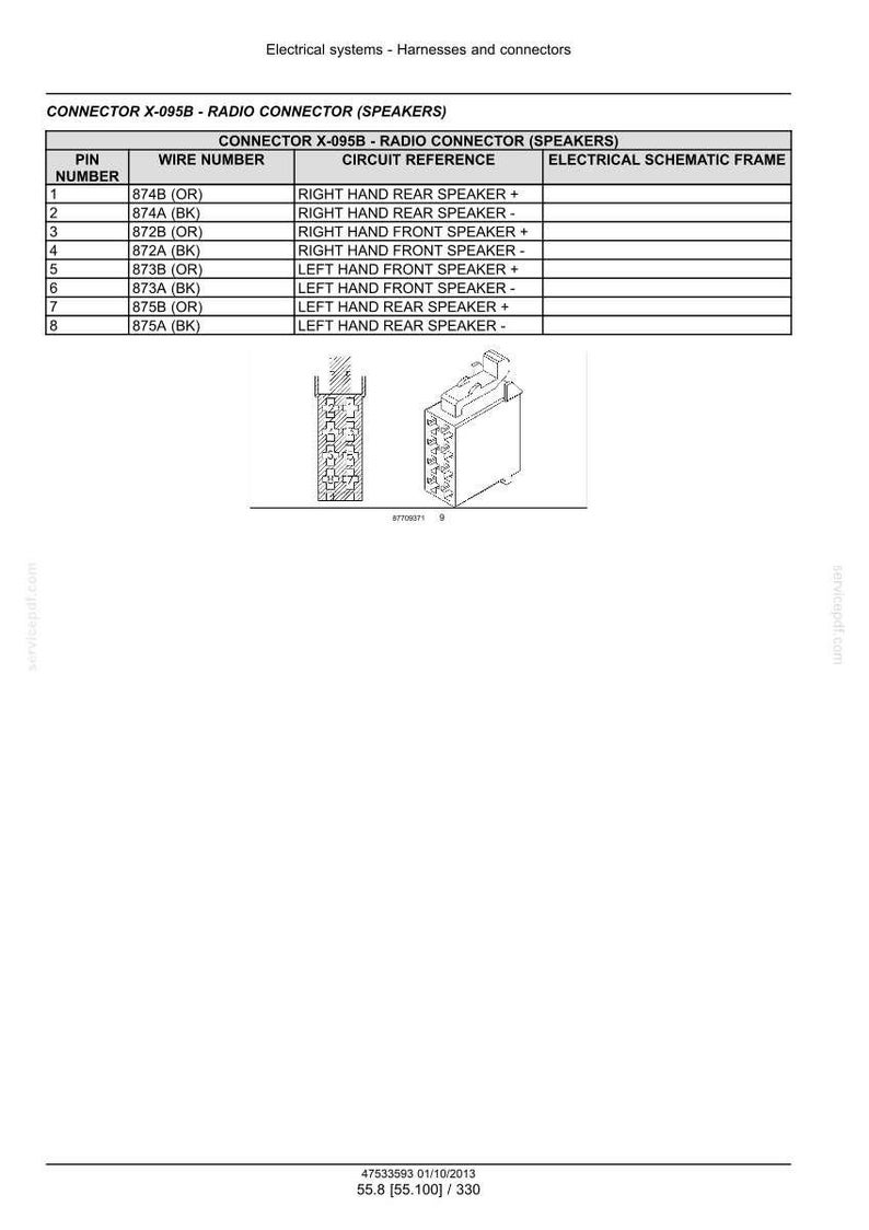 May include: Diagram of a radio connector (speakers) with pin numbers, wire numbers, and circuit references. Includes a schematic frame and illustrations of the connector. Text includes "Electrical systems - Harnesses and connectors".