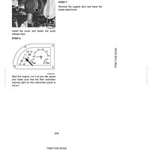 May include: A page from a manual with instructions for engine maintenance. The image shows a diagram of an engine component, along with text instructions. The text includes steps for closing the engine bonnet and checking the filter restriction warning light.