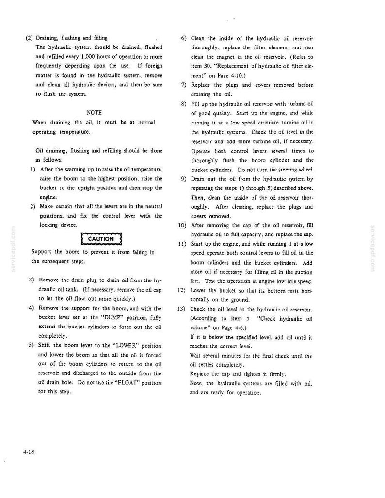 Pu&ograve; includere: Una pagina di documento tecnico numerata 4-18 contenente istruzioni per lo scarico, il lavaggio e il riempimento di un sistema idraulico. Il testo delinea tredici passaggi numerati, una nota sulla temperatura operativa e un riquadro di attenzione.