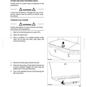 K&ouml;nnte beinhalten: Eine Seite aus einem Servicehandbuch mit Anweisungen zur Wartung des Hydrauliksystems. Der Text enth&auml;lt Anweisungen zum &Uuml;berpr&uuml;fen von Armaturen, zum &Ouml;lwechsel und Warnhinweise. Diagramme zeigen die Komponentenstandorte. Die Seite tr&auml;gt den Titel "SECTION 4 - SERVICING INTERVALS/LUBRICATION/FLUIDS."