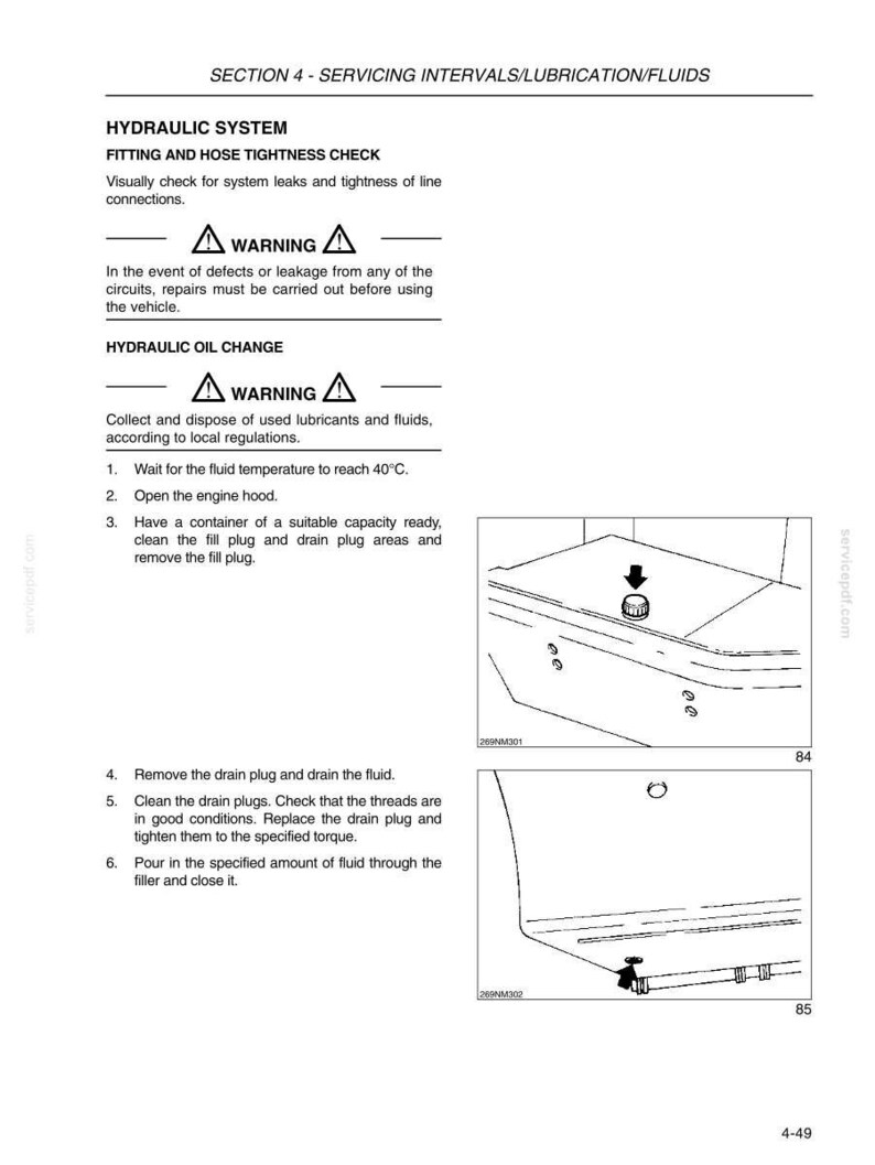 K&ouml;nnte beinhalten: Eine Seite aus einem Servicehandbuch mit Anweisungen zur Wartung des Hydrauliksystems. Der Text enth&auml;lt Anweisungen zum &Uuml;berpr&uuml;fen von Armaturen, zum &Ouml;lwechsel und Warnhinweise. Diagramme zeigen die Komponentenstandorte. Die Seite tr&auml;gt den Titel "SECTION 4 - SERVICING INTERVALS/LUBRICATION/FLUIDS."