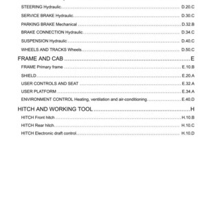 May include: A white page with black text detailing vehicle components. Sections include Front Axle, Rear Axle, Steering Hydraulic, and Frame and Cab. The document also lists Hitch and Working Tool components.