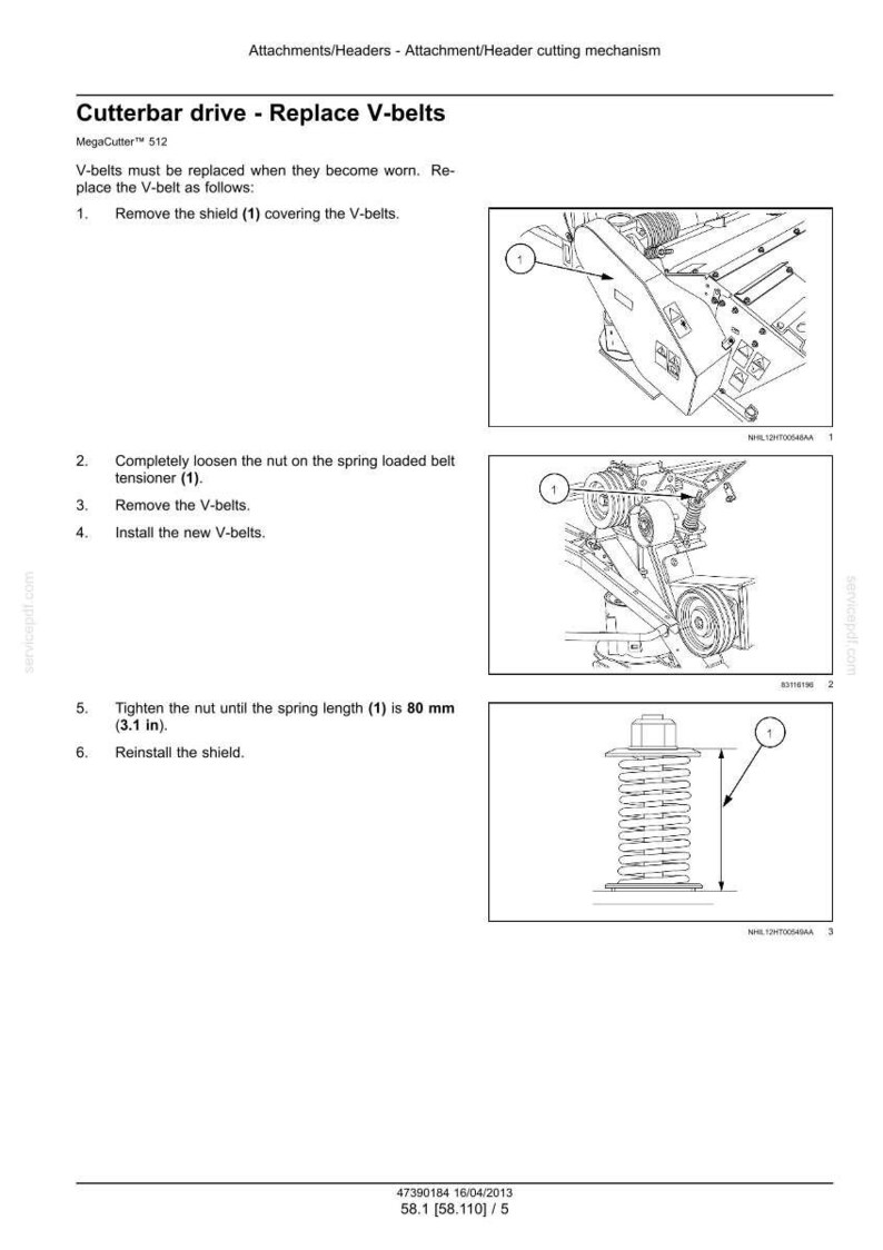 May include: Diagram illustrating the replacement of V-belts on a MegaCutter 512. Instructions include removing the shield, loosening the nut, removing and installing belts, and tightening to a spring length of 3.1 inches.