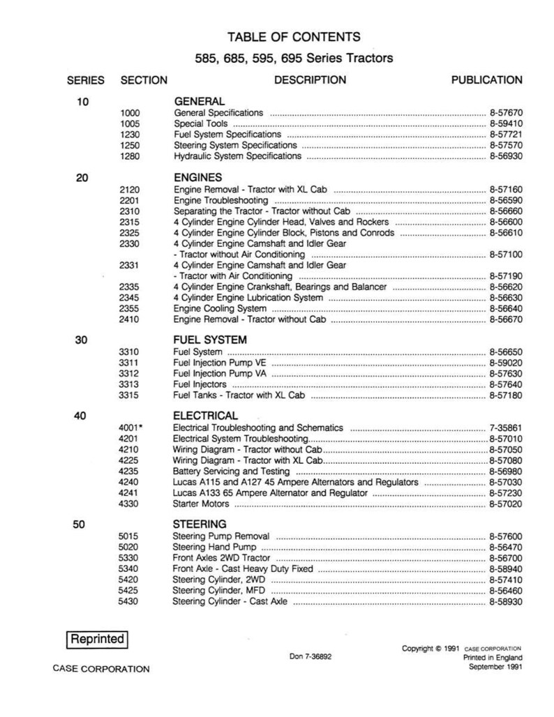 May include: Table of contents for 585, 685, 595, and 695 series tractors. Includes sections on general specifications, engines, fuel systems, electrical components, and steering. Published in September 1991.