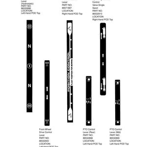 Pu&ograve; includere: Decalcomanie di istruzioni per i modelli DX25, DX29 e DX33. Le decalcomanie in bianco e nero includono etichette per il selettore di gamma, il controllo della posizione e le leve della presa di forza. Il testo include numeri di parte e posizioni.
