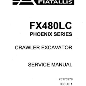 May include: A white service manual with black text. The cover features the Fiatallis logo, the model name FX480LC, and the words "Phoenix Series" and "Crawler Excavator". The manual is labeled "Service Manual".