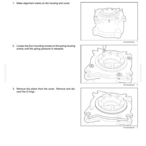 May include: Diagram of parking brake housing disassembly steps. The image shows the steps to remove the parking brake housing, including loosening screws and removing the piston. Text includes instructions and part numbers.