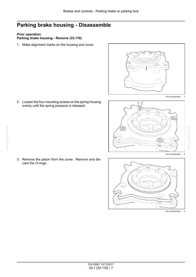 May include: Diagram of parking brake housing disassembly steps. The image shows the steps to remove the parking brake housing, including loosening screws and removing the piston. Text includes instructions and part numbers.