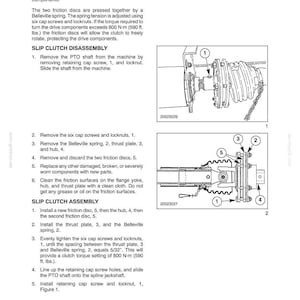 May include: A technical manual page titled SECTION 58 - ATTACHMENT/HEADERS - CHAPTER 4, detailing slip clutch maintenance. It includes text instructions and two black-and-white line drawings labeled 1 and 2, showing numbered components of a PTO shaft assembly.