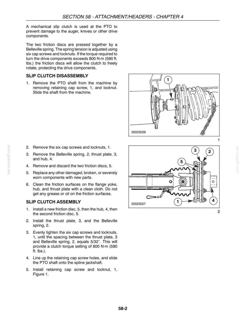 May include: A technical manual page titled SECTION 58 - ATTACHMENT/HEADERS - CHAPTER 4, detailing slip clutch maintenance. It includes text instructions and two black-and-white line drawings labeled 1 and 2, showing numbered components of a PTO shaft assembly.