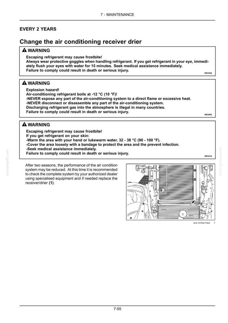 Pu&ograve; includere: Una pagina di manuale tecnico intitolata 7-MAINTENANCE, che descrive le istruzioni per la sostituzione del filtro essiccatore dell'aria condizionata. Include tre riquadri di avvertenza sui rischi del refrigerante e un disegno tecnico.