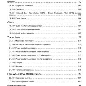 May include: A page from a manual titled "Contents" with a list of engine, clutch, transmission, and four-wheel drive system components. The text is black on a white background.